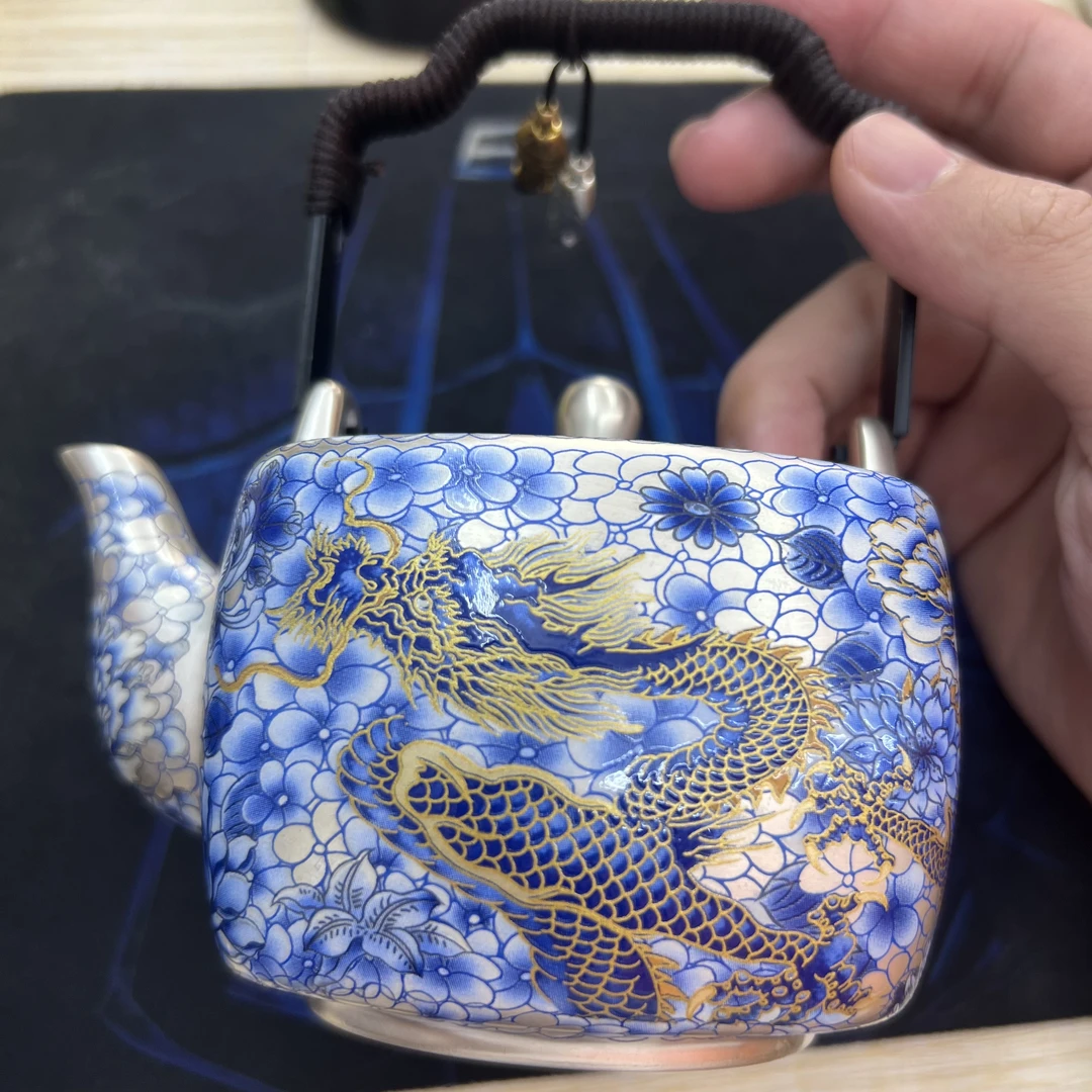 蓝花龙凤高端四方银提梁壶1272
