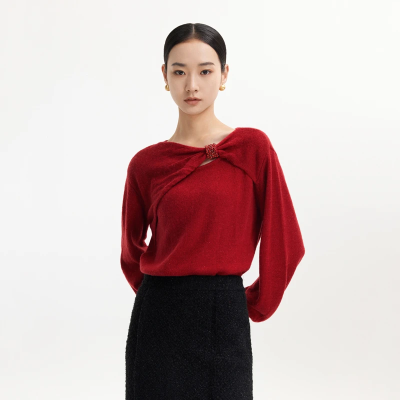 【专柜款】24年冬季新款红色气质优雅兔毛百搭毛衫8371