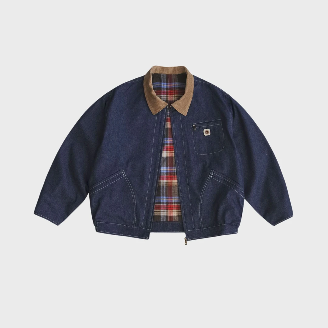 MAMINQIN新款复古韩版丹宁灯芯绒拼色翻领夹克宽松工装短宽外套男