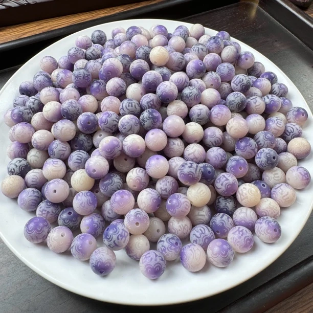 【黛紫飘-六字】12mm飘花雕刻六字箴言雕刻菩提手串手持双圈散珠diy