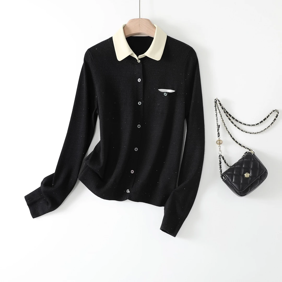 IHIMI/海谧2024年冬季新款女装时尚百搭上衣珠片撞色领假两件毛衣