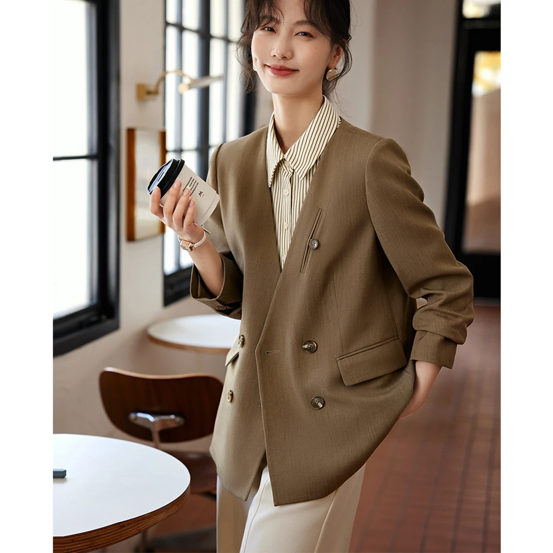 XWI/欣未简约时髦条纹衬衫拼接西装外套2025新款百搭拼接西装外套