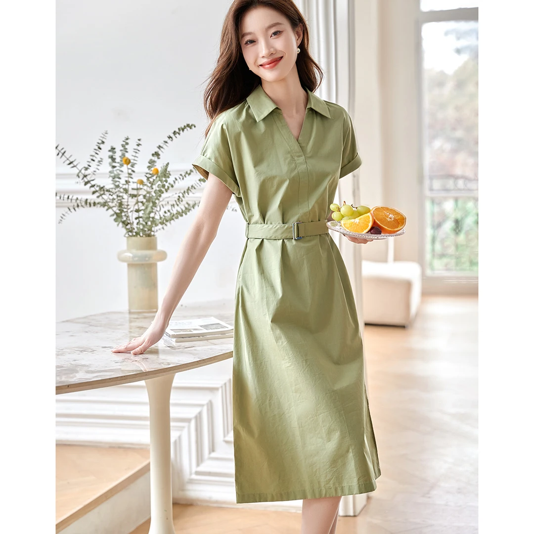 沫晗依美2025夏款100%棉通勤时尚百搭系带衬衫领连袖连衣裙女B048