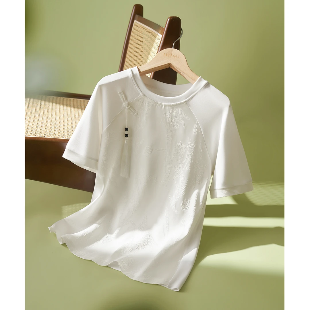 IHIMI【卷珠帘】2025夏款简约盘扣新中式国风暗纹拼接T恤上衣T4B018
