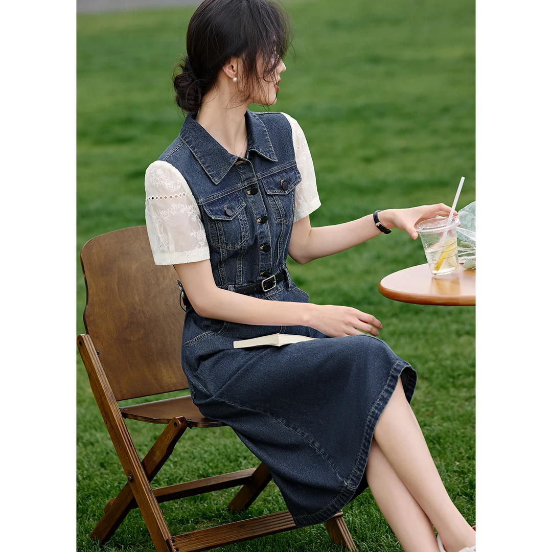 XWI/欣未2025夏季新款气质优雅知性通勤拼接蕾丝减龄时尚牛仔裙女