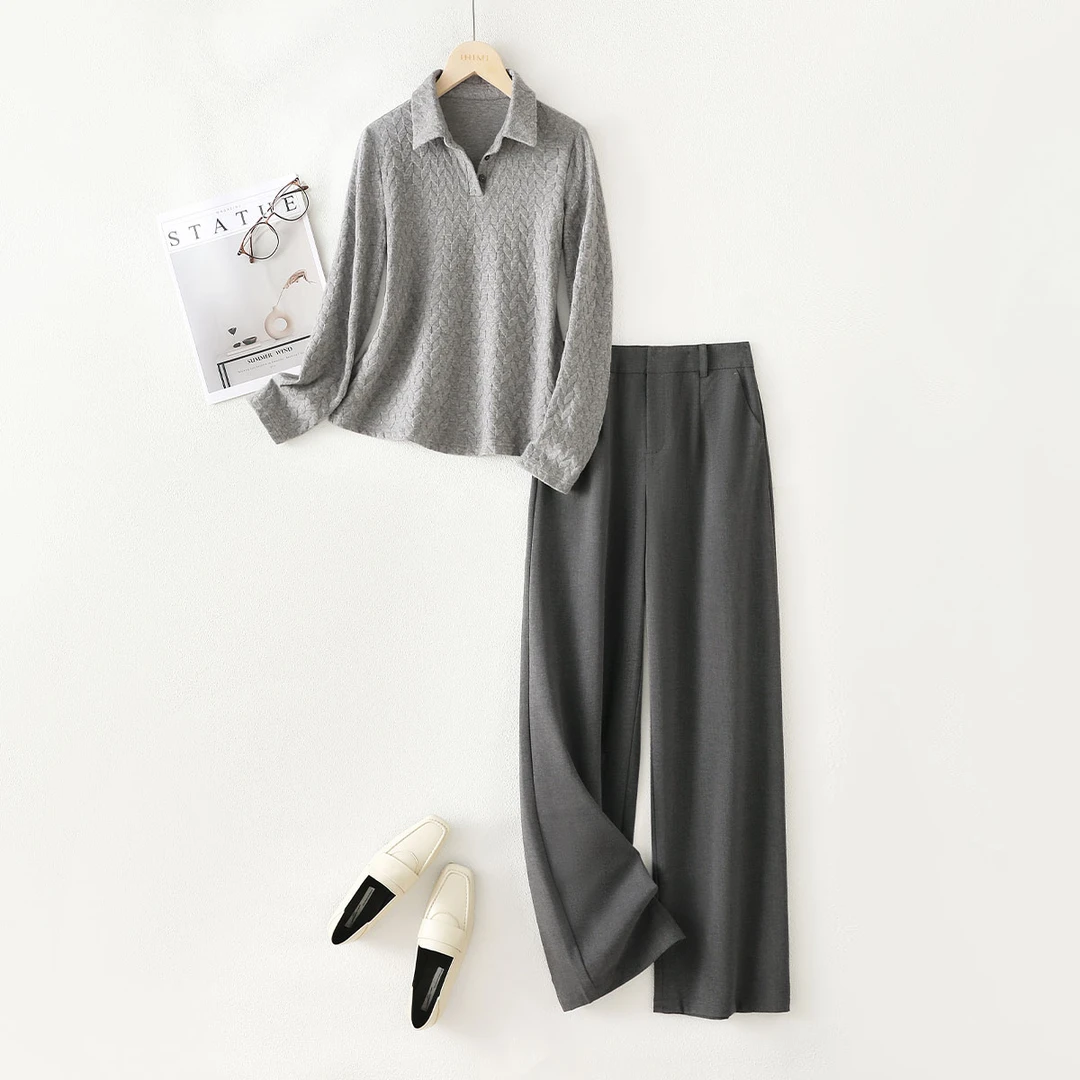 IHIMI/海谧2025春款女休闲套装小衬衫领扭花肌理针织衫休闲直筒裤