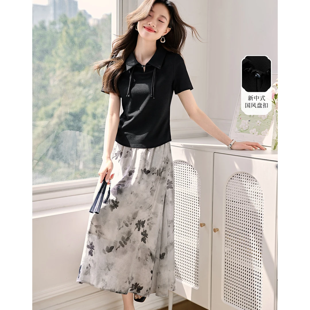 沫晗依美25夏款时髦显瘦设计感新中式优雅短袖印花长裙套装7A005