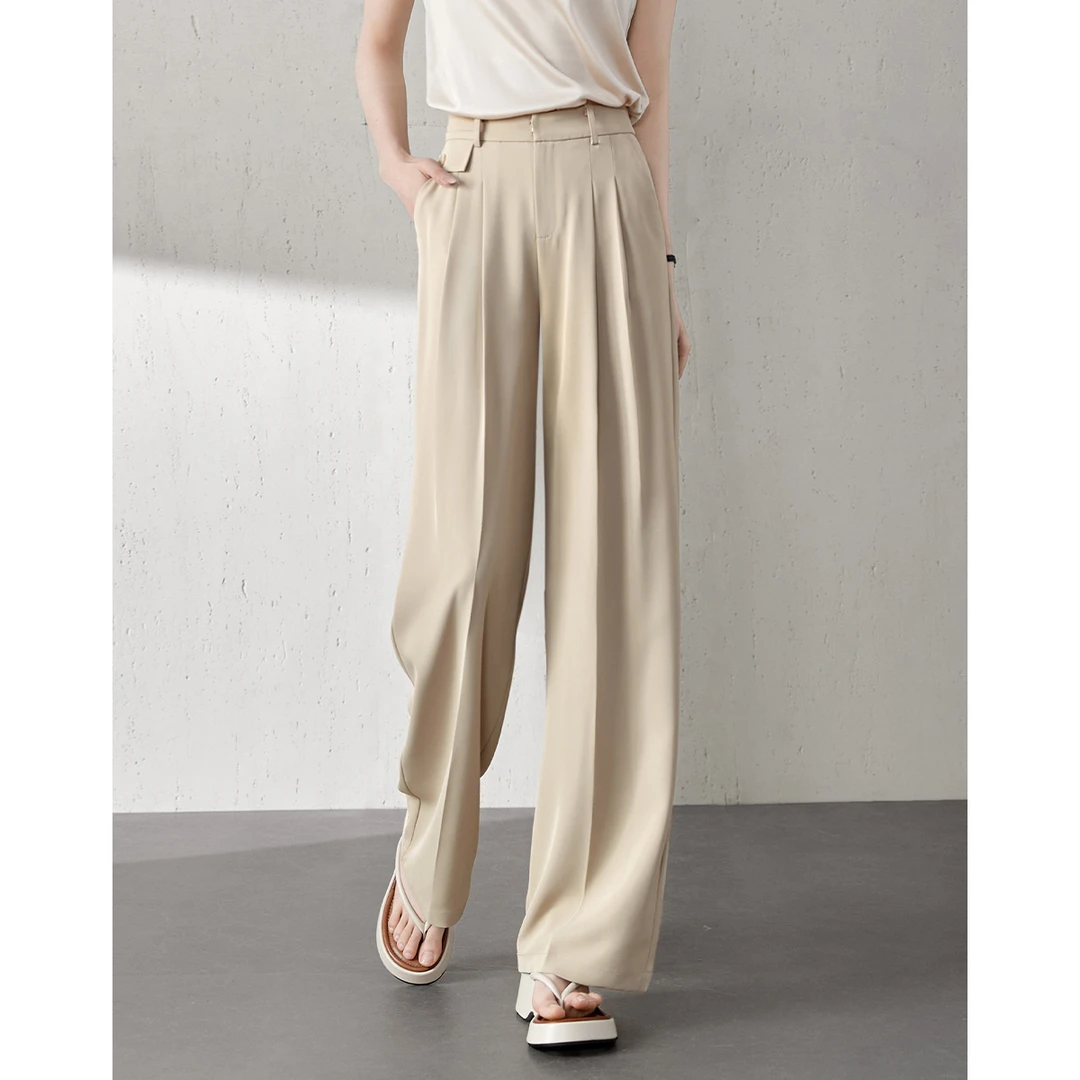 沫晗依美2024年夏款宽松显腿长休闲拖地垂感高腰西装直筒裤女B001