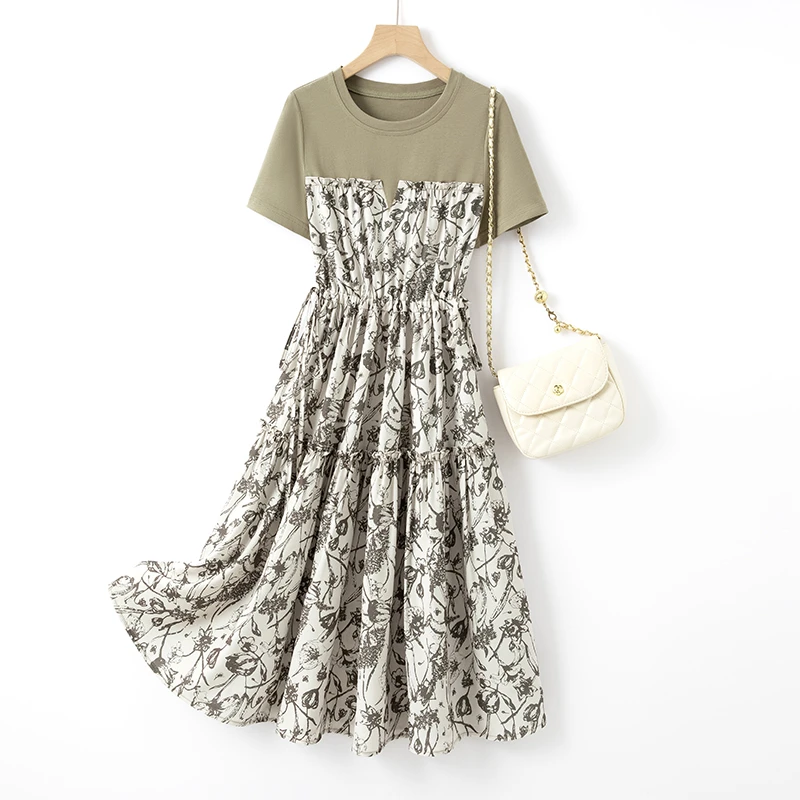 IHIMI海谧【花信子】2025夏新款女假两件拼接收腰显瘦中长款连衣裙