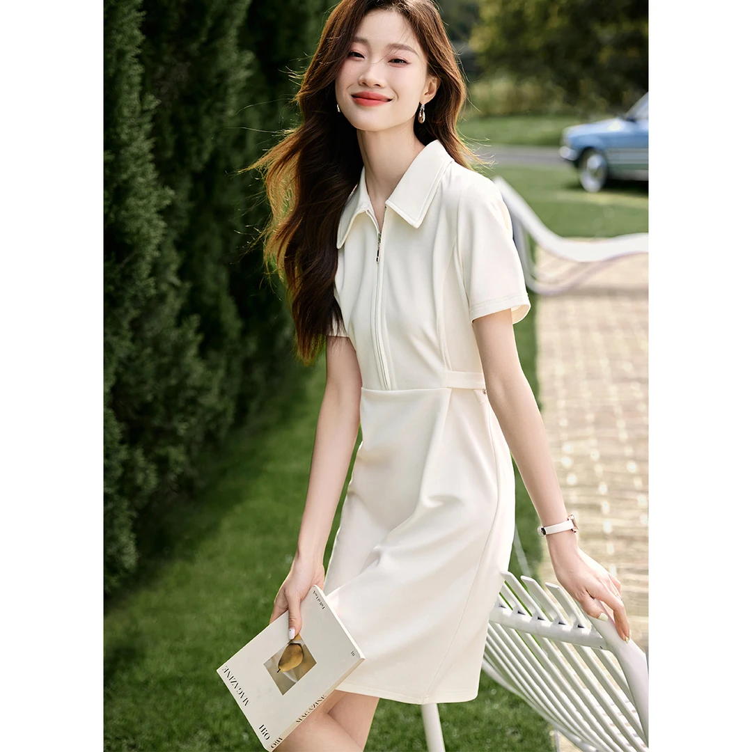 沫晗依美2025夏款衬衫领收腰休闲百搭显瘦时尚中长款连衣裙女A042