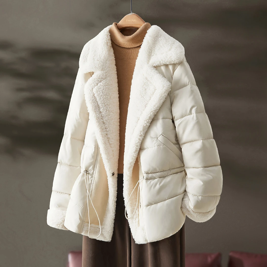 IHIMI2023年冬新款简约抽绳拼接保暖棉衣仿羊羔毛西装领夹棉外套
