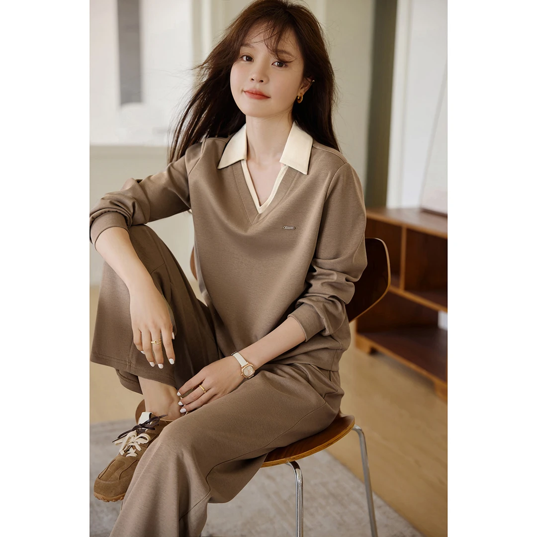 沫晗依美2025春季新款时尚百搭休闲简约撞色拼接运动卫衣套装B075