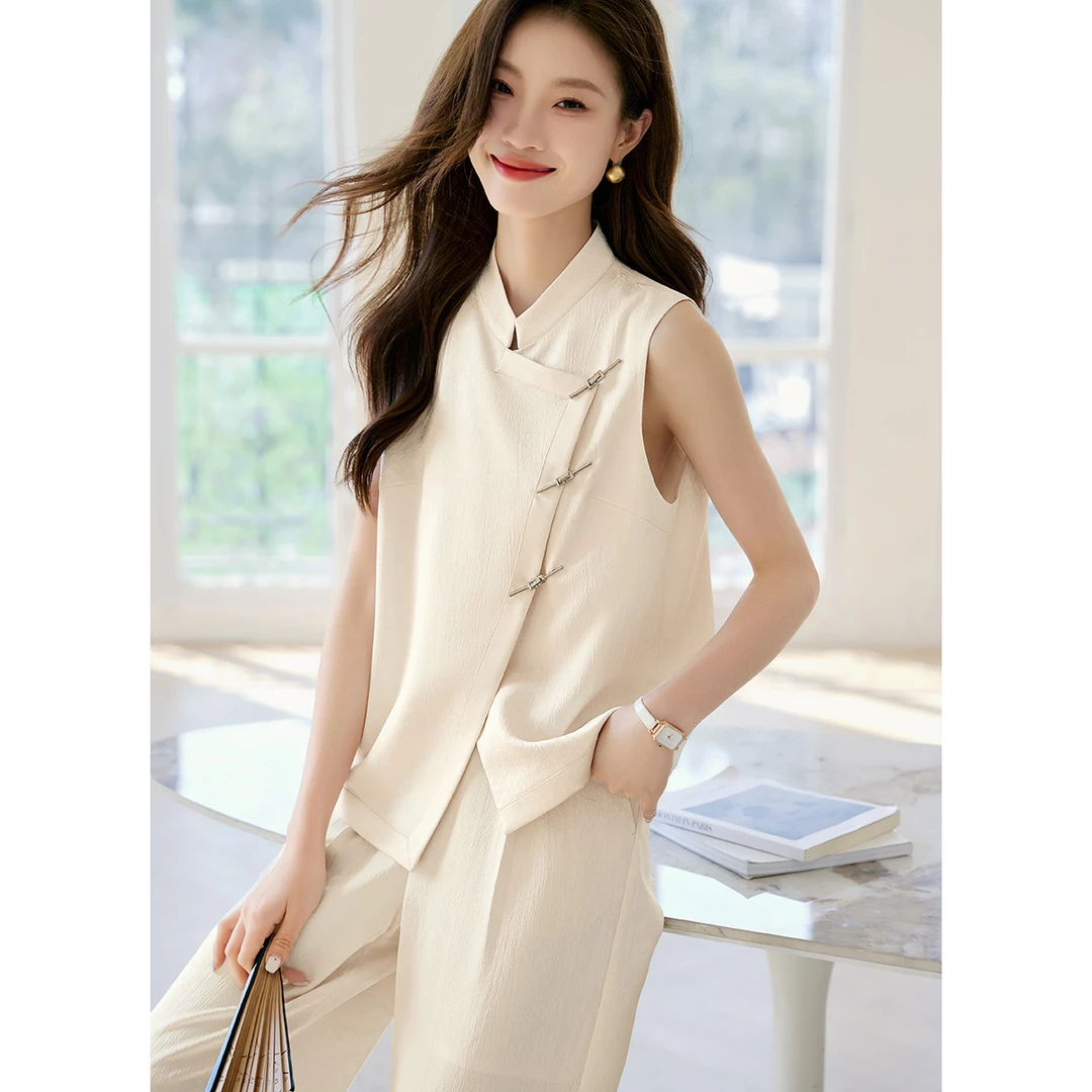 沫晗依美2025夏款新中式小香风气质优雅高级感马甲裤子套装女A053