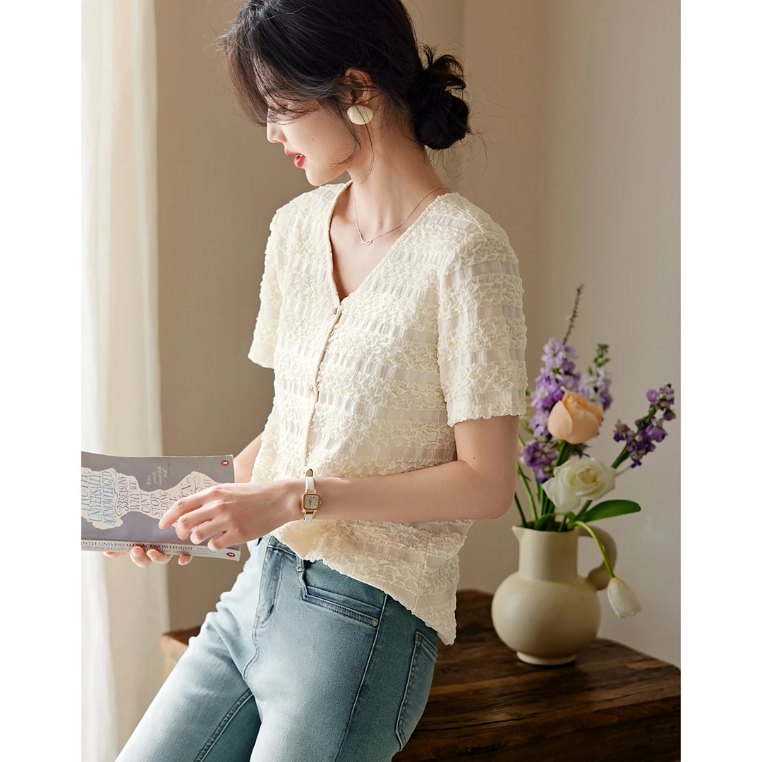 XWI/欣未2025夏季新款针织透气百搭针织肌理感显瘦衬衫上衣A010