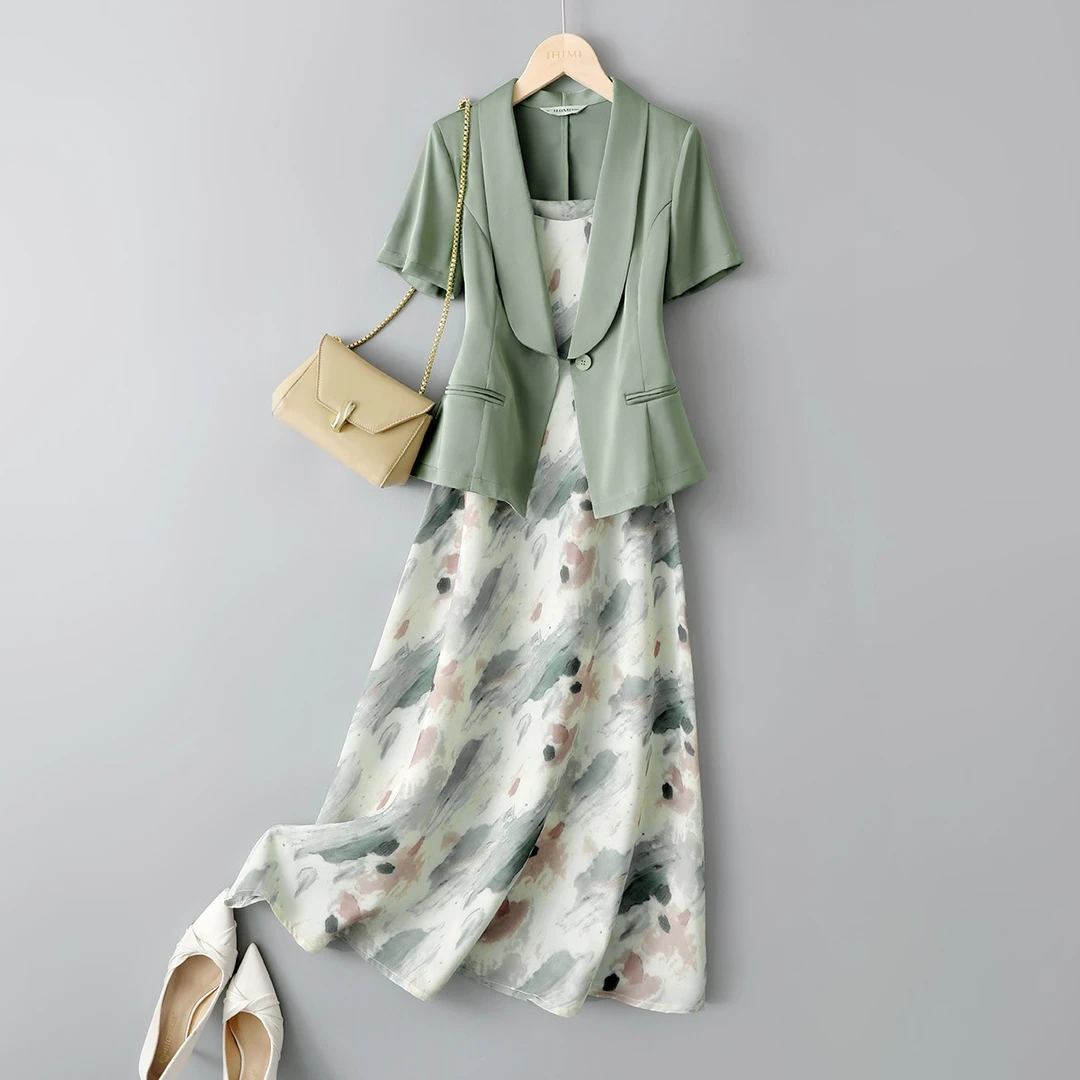 IHIMI/海谧2025夏季新款时尚晕染印花吊带裙+西装外套两件套套装
