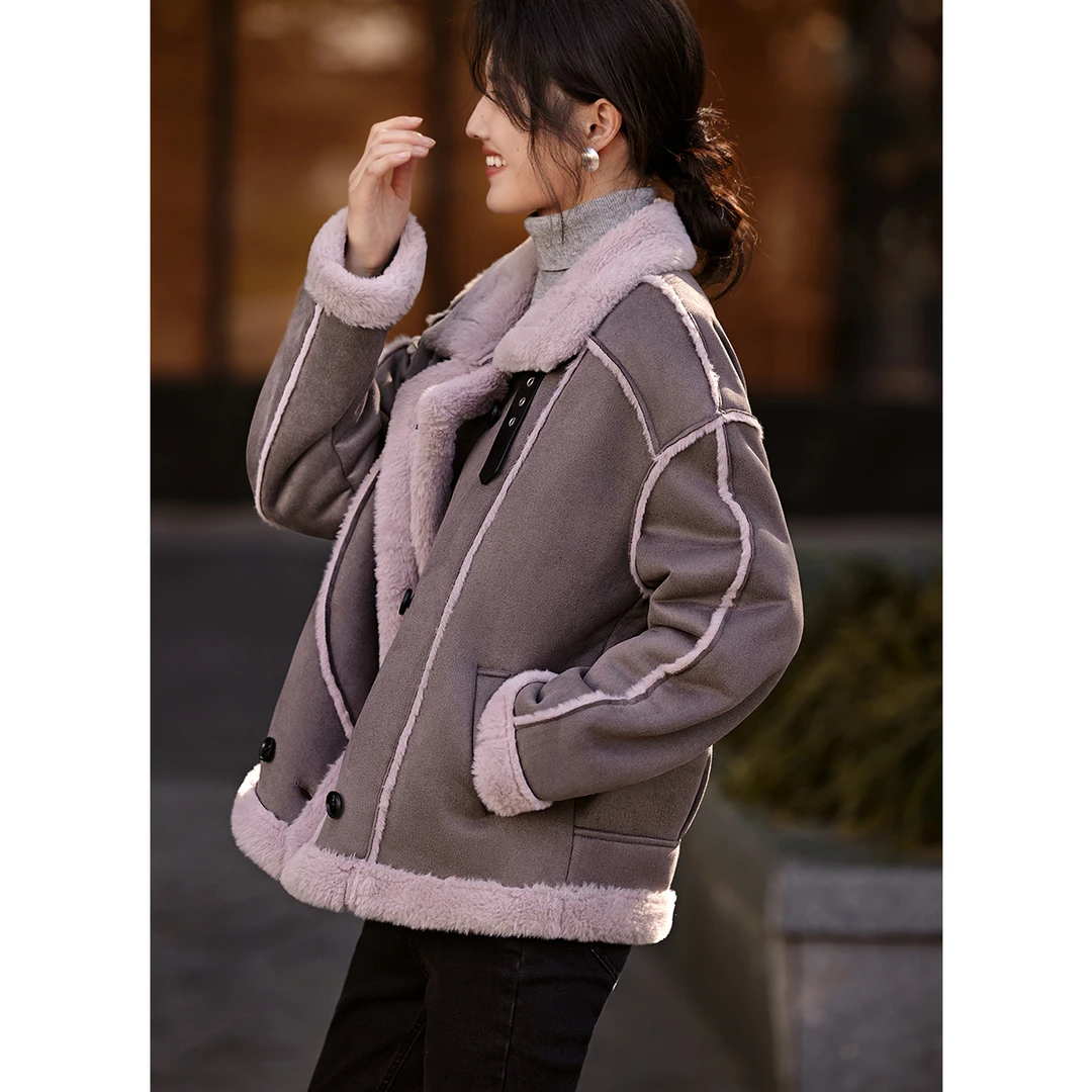 XWI/欣未2023冬季新款正品保暖气质温柔撞色麂皮绒仿皮毛一体外套