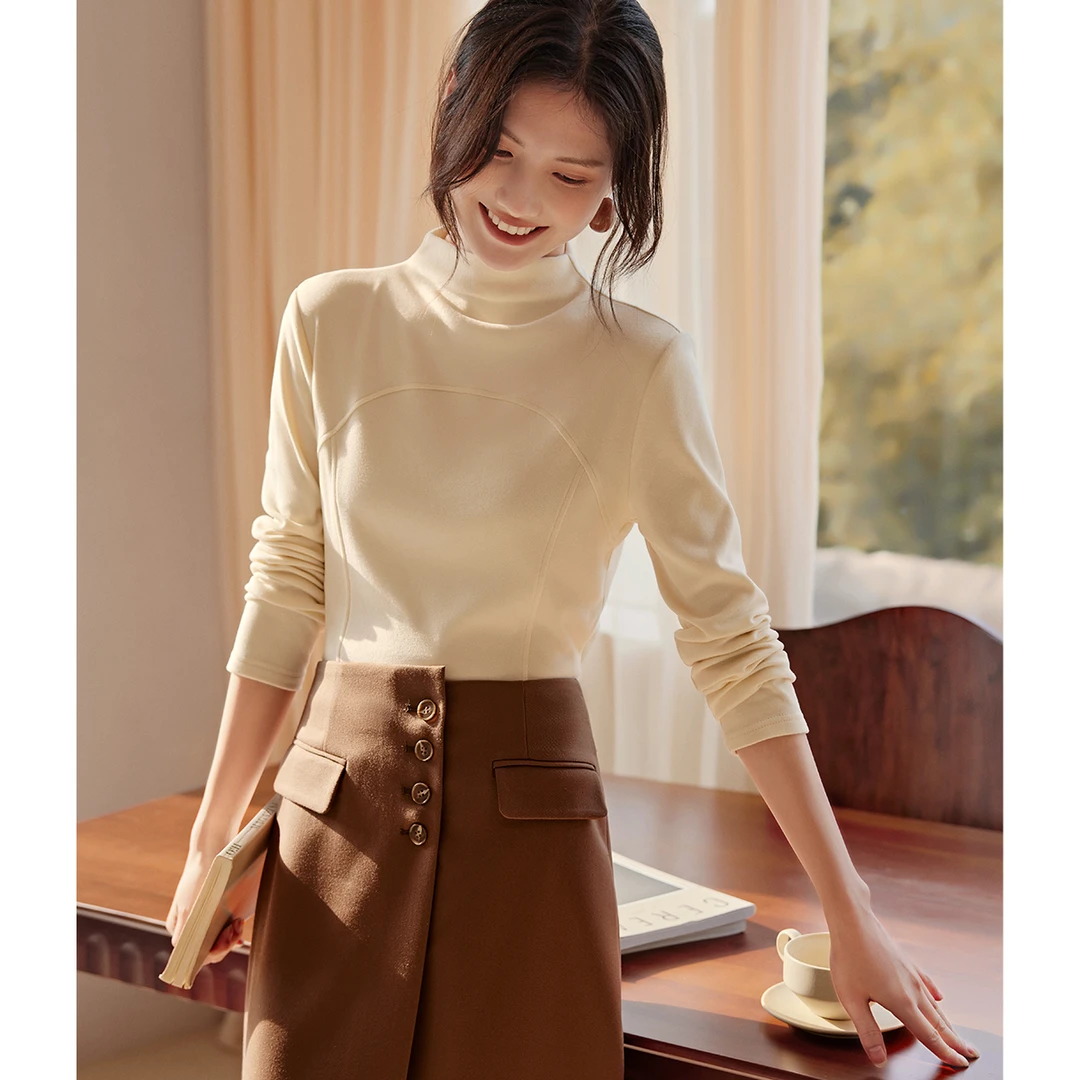 XWI/欣未2025冬款时尚百搭分割线亲肤简约轻休闲半高领打底衫A011