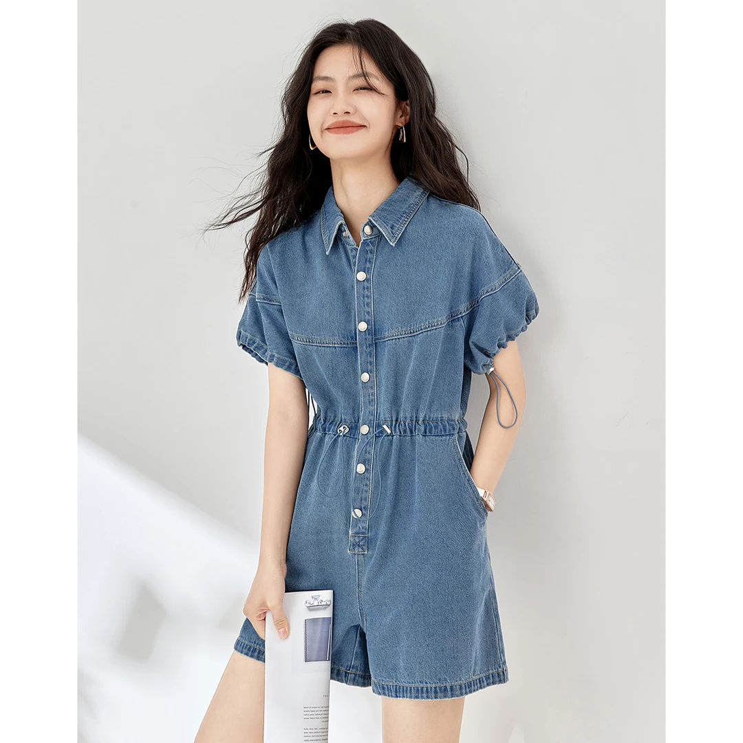 沫晗依美2025夏季新款时尚休闲质感收腰抽绳工装风牛仔连体裤A003