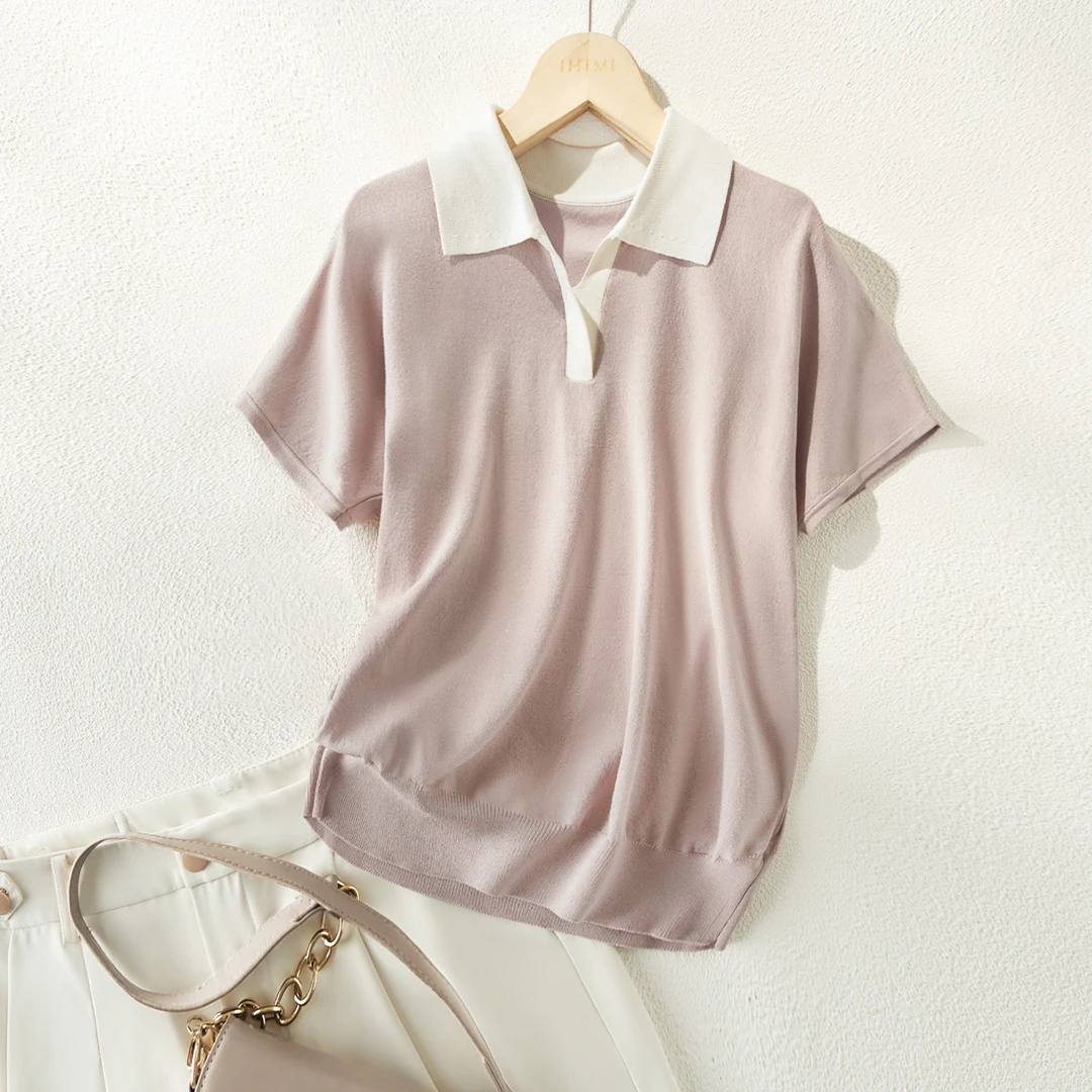 IHIMI25夏季新款女装简约POLO领拼色透气宽松显瘦短款T恤上衣B001
