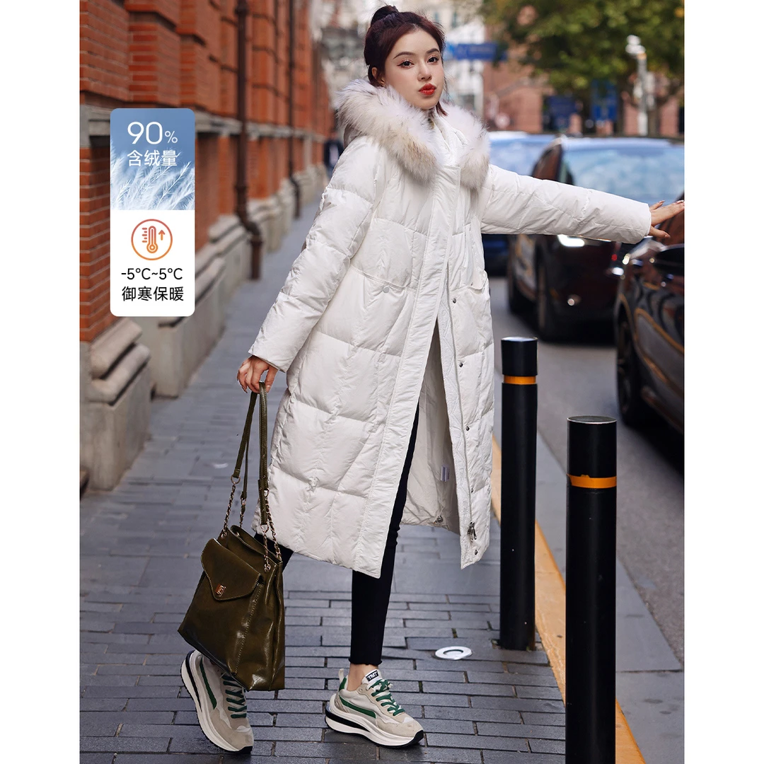 沫晗依美2024年冬季新款时尚保暖简约毛领装饰过膝连帽羽绒服B002