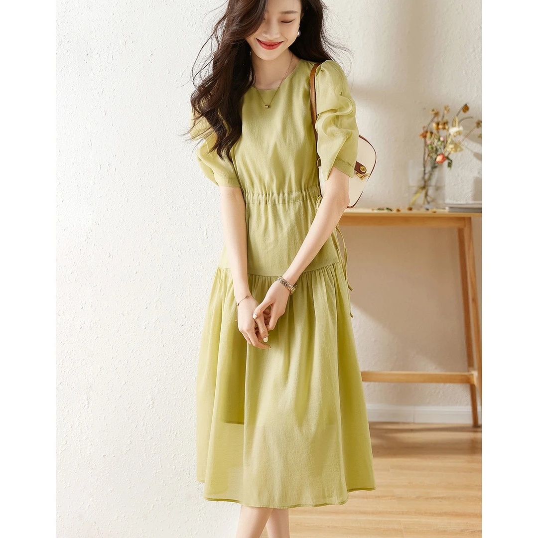 沫晗依美2025夏季新款抽绳长裙气质百搭时尚宽松温柔连衣裙女A379