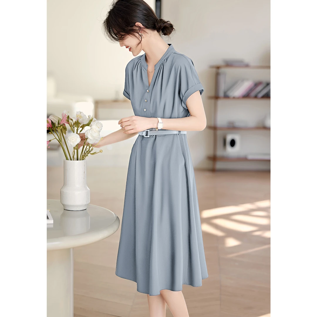 XWI/欣未25夏款气质优雅连肩袖收腰显瘦小v领通勤简约连衣裙B008
