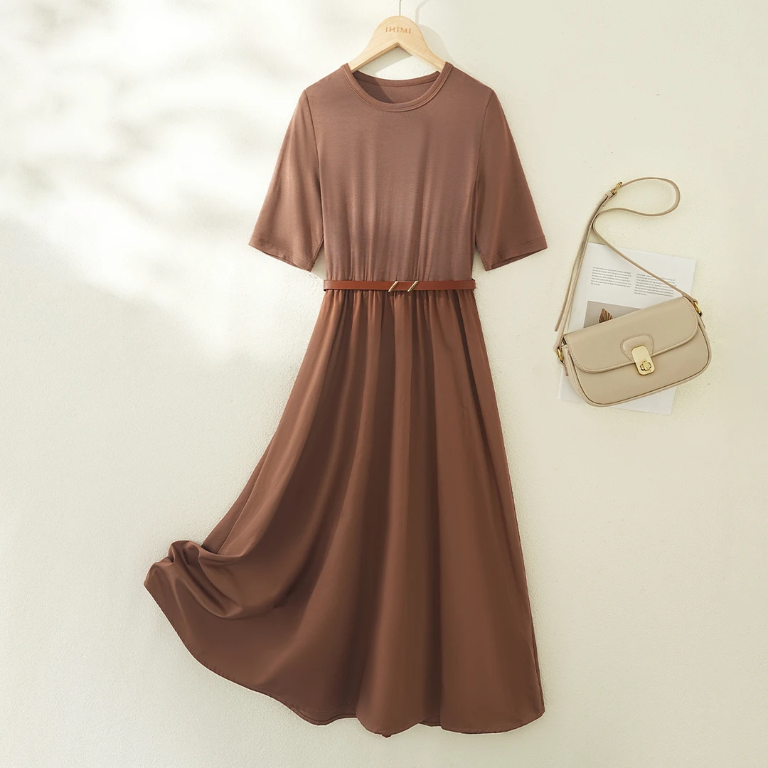 IHIMI/海谧2025秋款女装时尚裙子收腰五分袖U型领显瘦连衣裙7B011