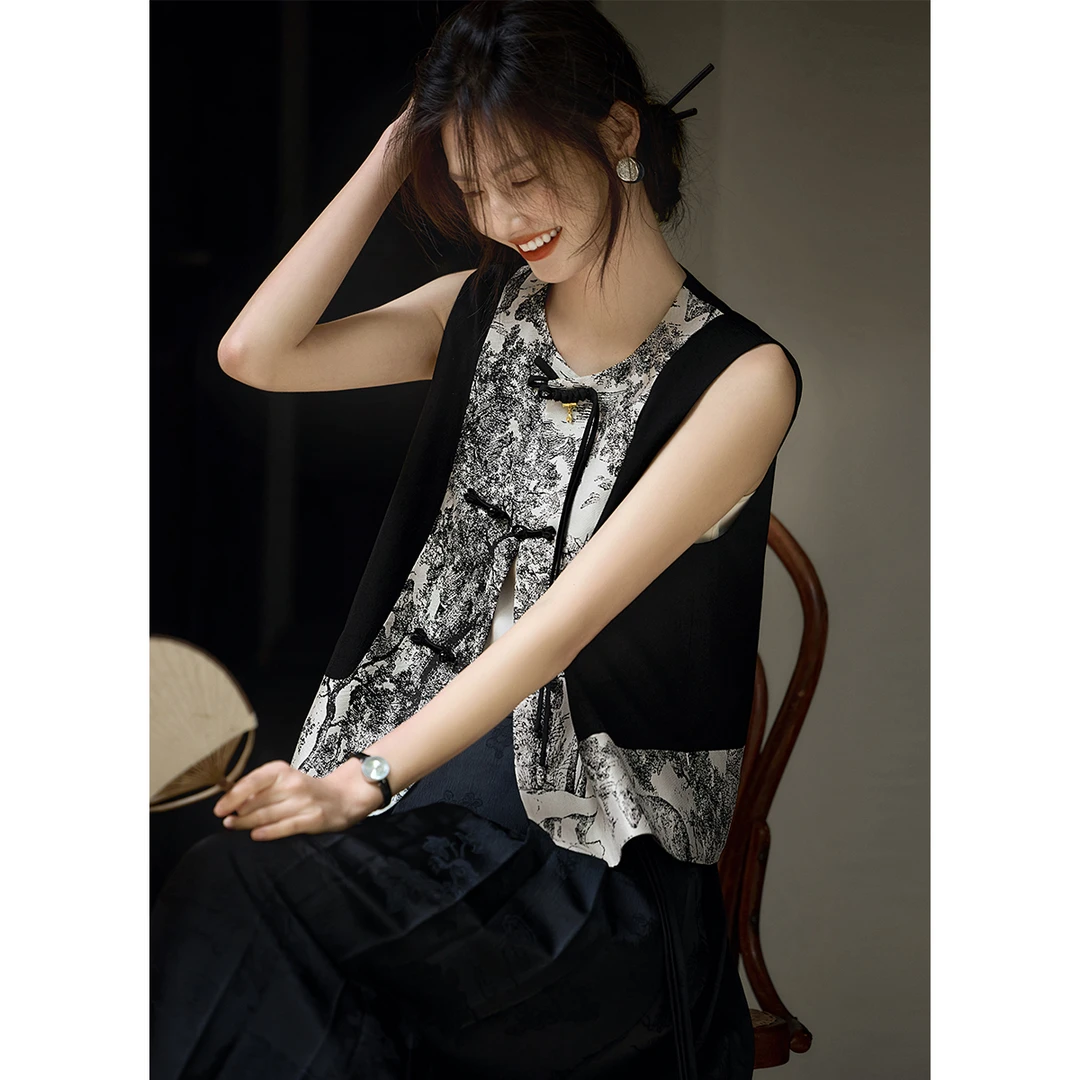 XWI/欣未2025夏新款百搭气质新中式提花拼接中国风印花无袖马甲
