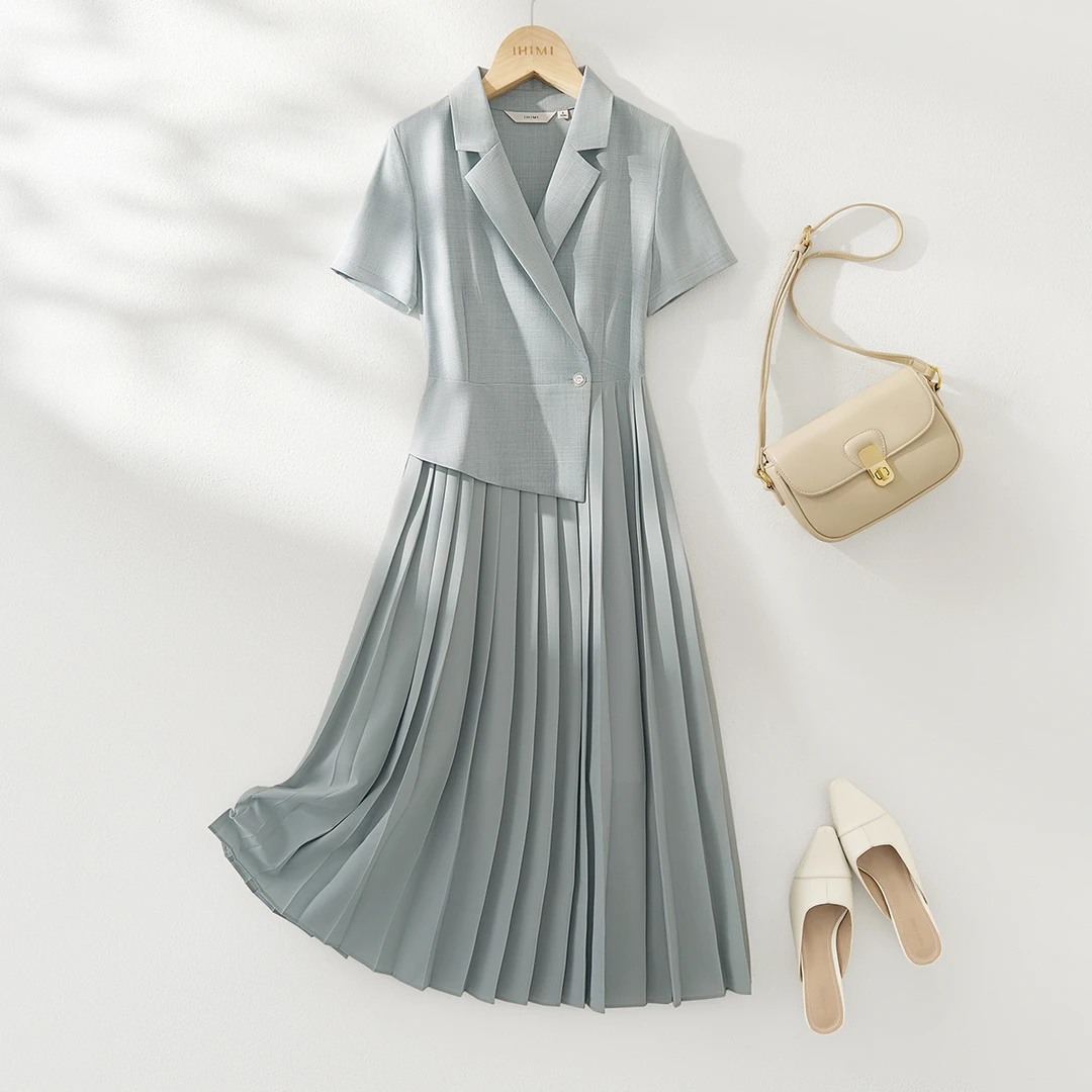 IHIMI/海谧25夏新款女装气质通勤假两件百褶雪纺西装式连衣裙B032