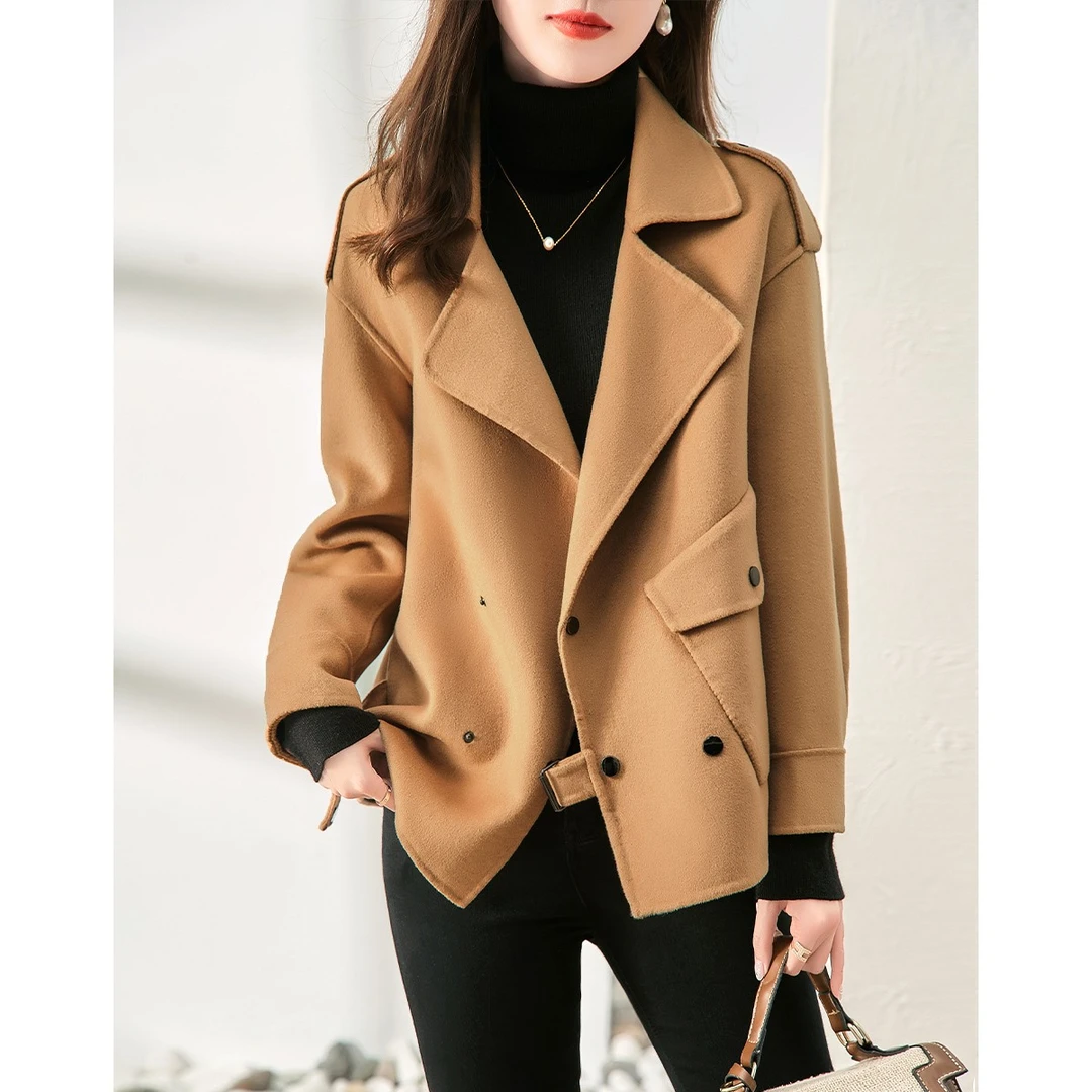 XWI/欣未2025冬季保暖小个子气质百搭翻领短款绵羊毛双面呢大衣女