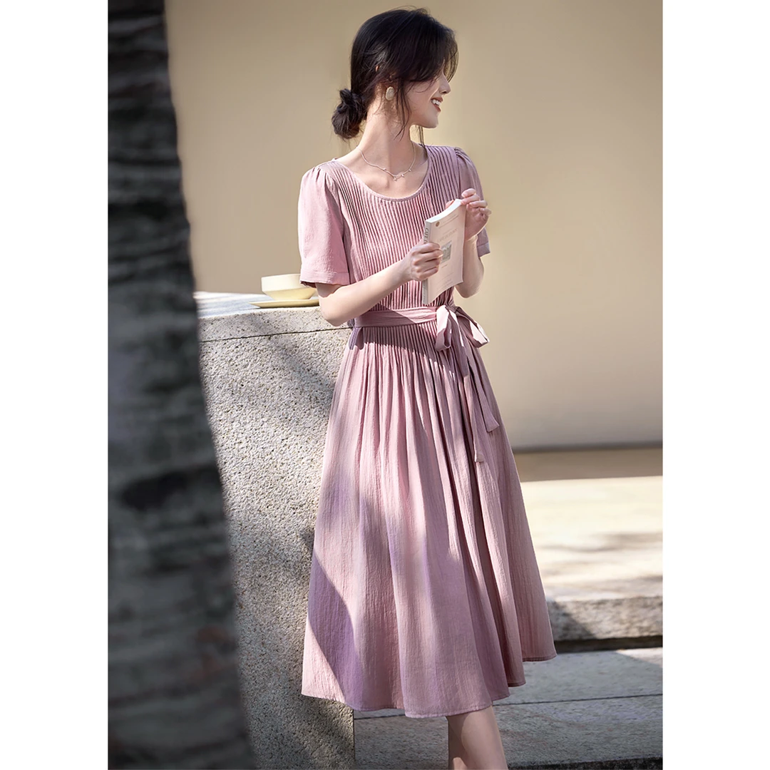 XWI/欣未2025年夏季新款气质优雅衬衫裙优雅打条工艺连衣裙女B003