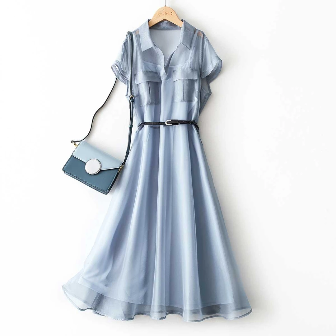 IHIMI网纱轻薄透气2025夏季新款短袖显瘦上衣内搭吊带连夜裙5A001