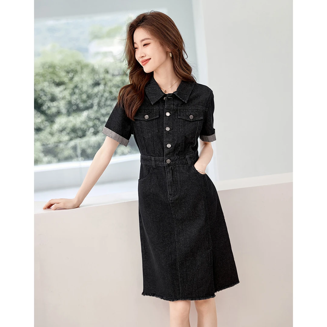 沫晗依美2025年夏款简约时尚下摆开叉设计质感牛仔连衣裙女4B110