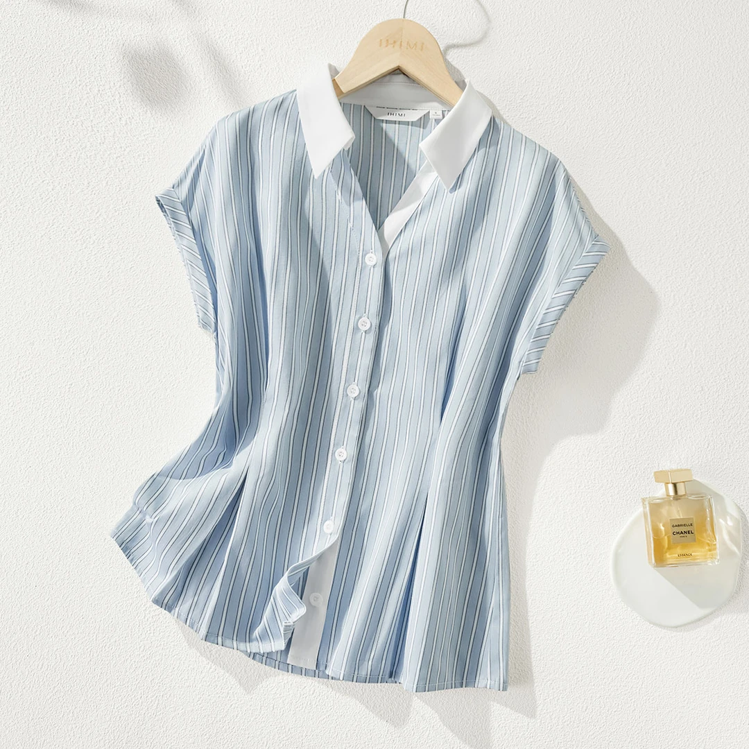 IHIMI25夏季新款女简约时尚轻职场条纹撞色收腰通勤小衫上衣B008