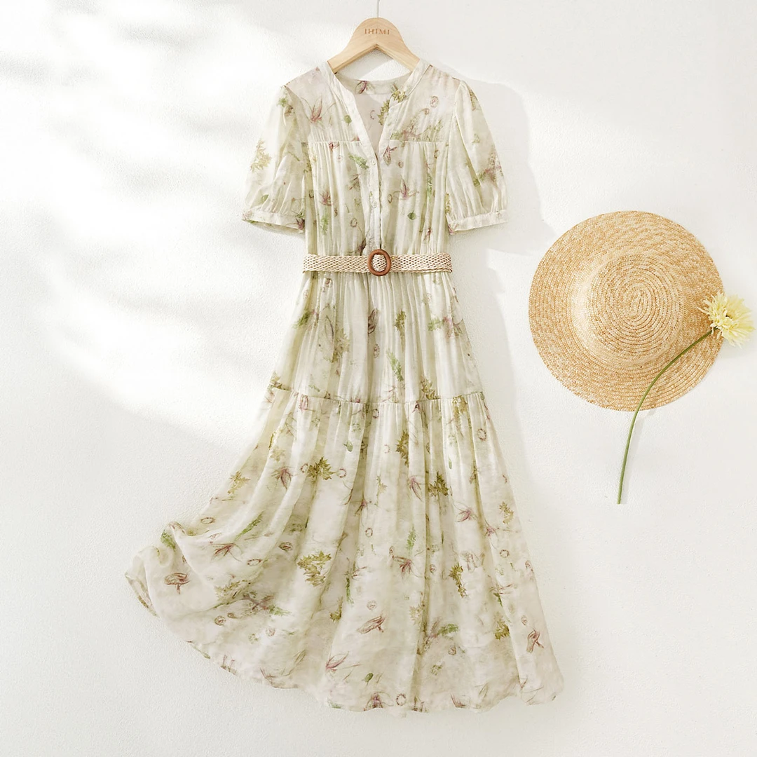 IHIMI/海谧2025夏款 轻度假休闲印花编织腰带V领印花连衣裙女A020