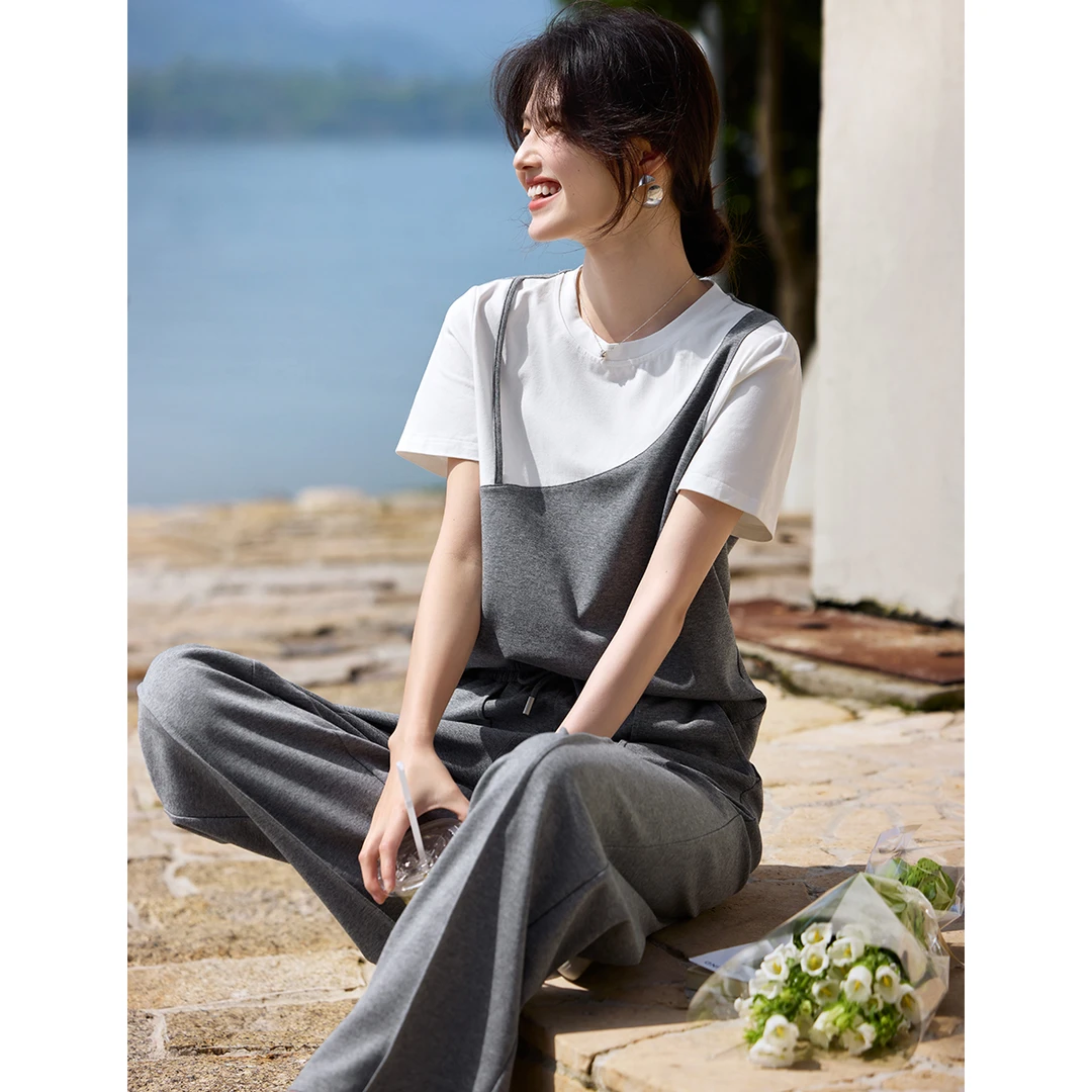 XWI/欣未2025夏季新款吊带休闲风百搭假两件拼色设计休闲套装B039