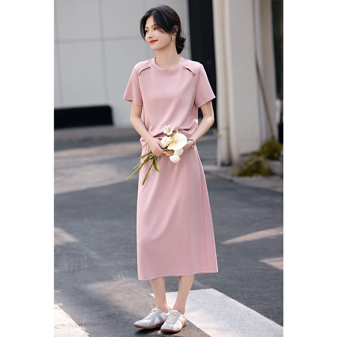 XWI/欣未2025夏款舒适简约轻休闲纯色短袖T恤半裙两件套套装4A049