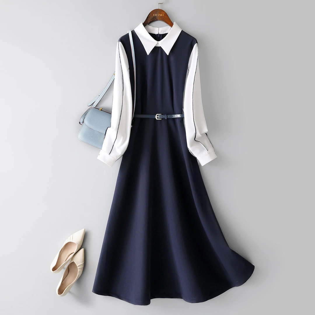 IHIMI/海谧2025秋款女装撞色假两件中长款气质裙子衬衫连衣裙A001