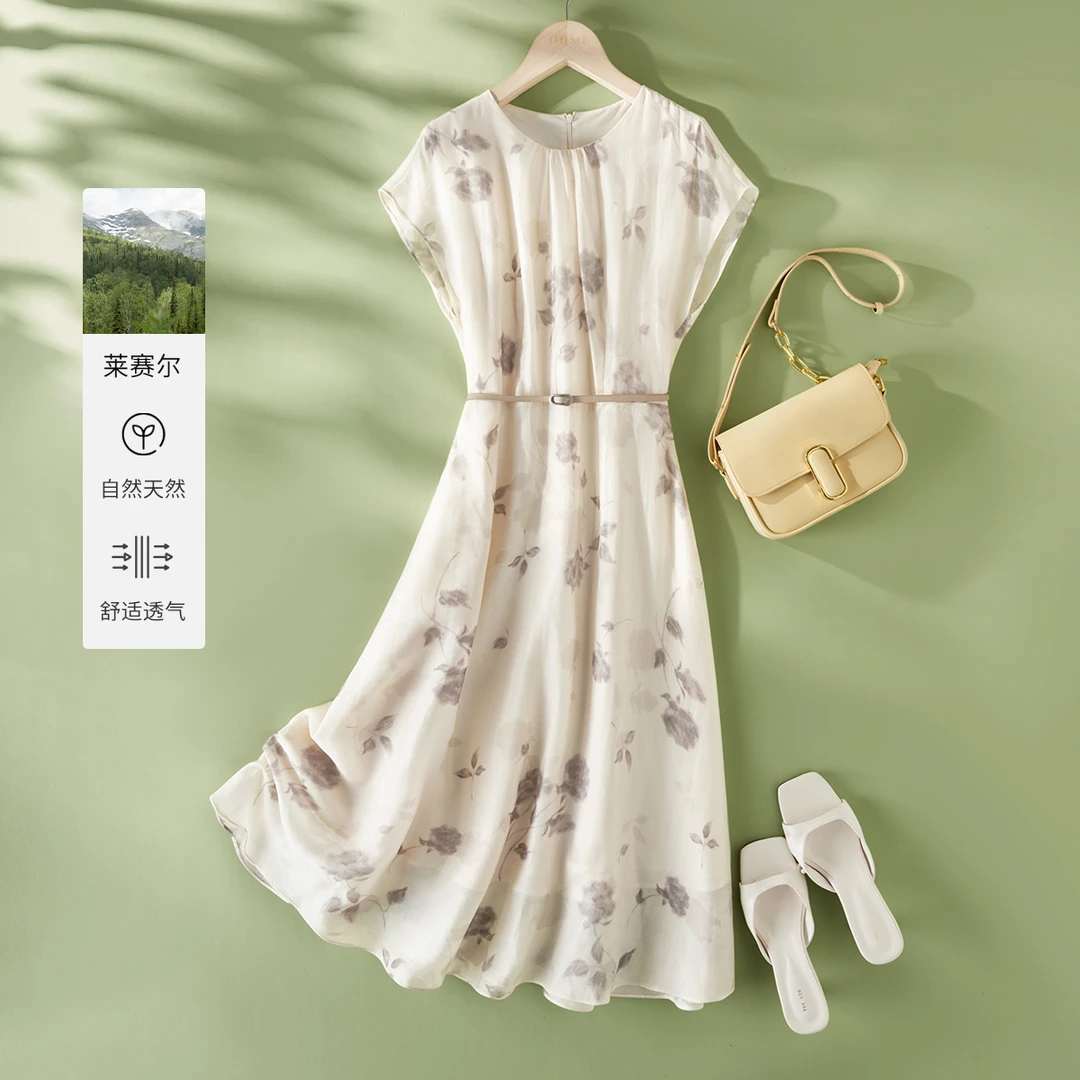 IHIMI25夏新款女简约收腰显瘦气质玫瑰印花柔软中长款连衣裙B022