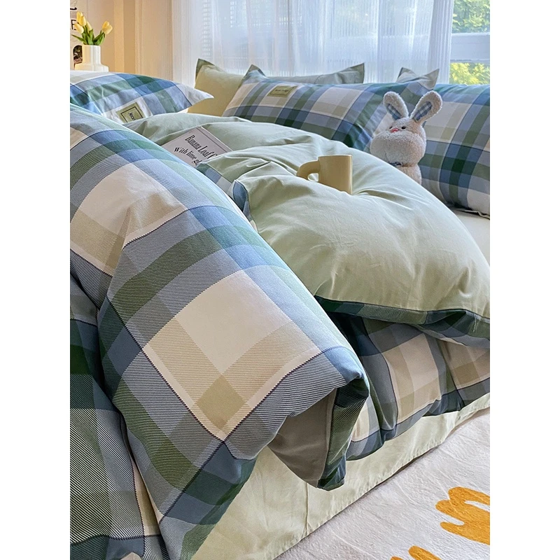 简约四件套纯棉全棉100格子床单被套学生宿舍三件套床上用4法芙彩