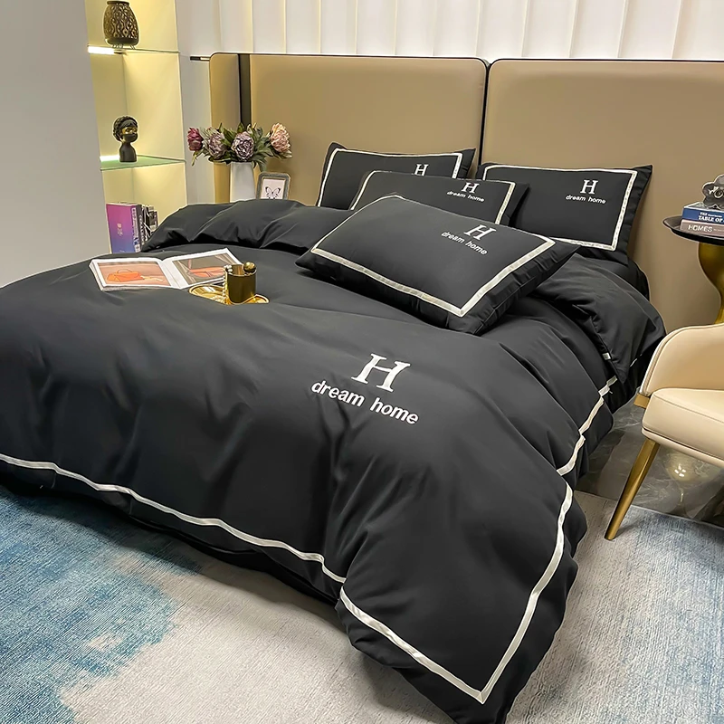 简约纯色黑色床品四件套四季款男士宿舍床单被套三件套被子法芙彩