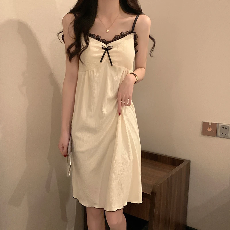 吊带睡裙女夏季梭织棉带胸垫女士学生花边杏色家居服睡衣裙子夏天