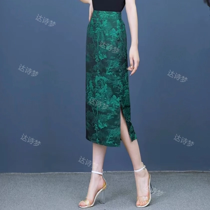 高腰下摆开叉包臀裙女2025夏季国风复古提花松紧半身裙