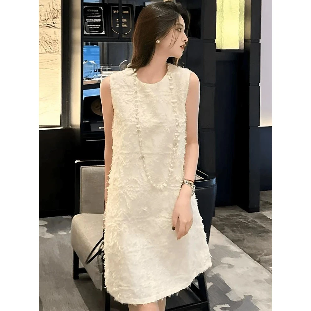 小香风无袖背心白色连衣裙2024新款女夏季宽松显瘦休闲气质短裙子