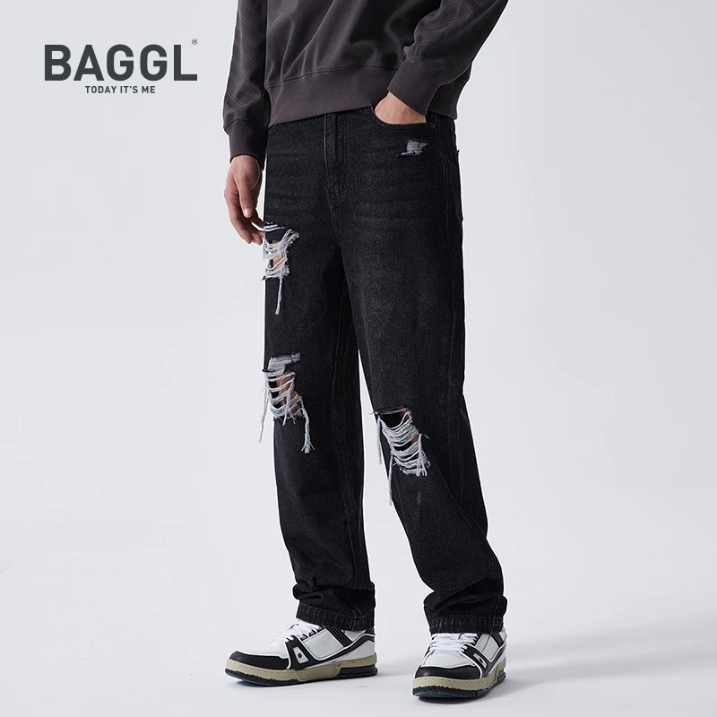 BAGGL百搭宽松牛仔裤高街男士运动休闲破洞牛仔裤B31MDALA202