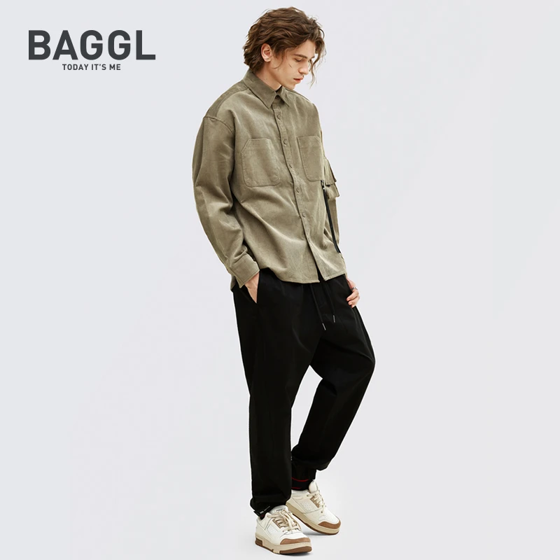BAGGL春季休闲翻领衬衫长袖上衣百搭衬衫外套男B23MAABA003