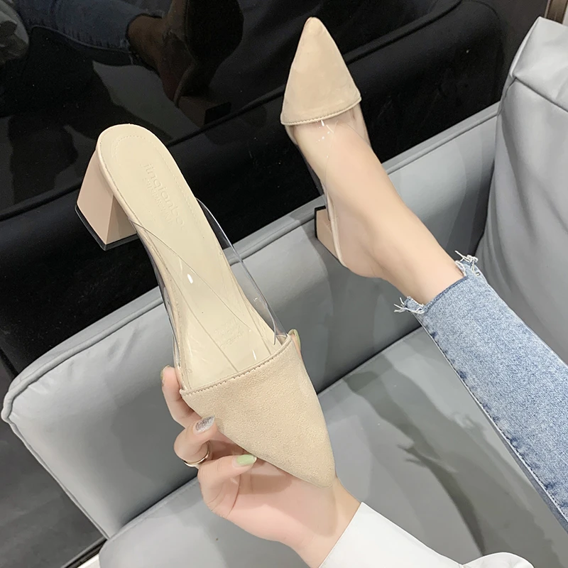 女拖鞋百搭裸色法式尖头高跟鞋一字带粗跟单鞋包头后空凉鞋气质