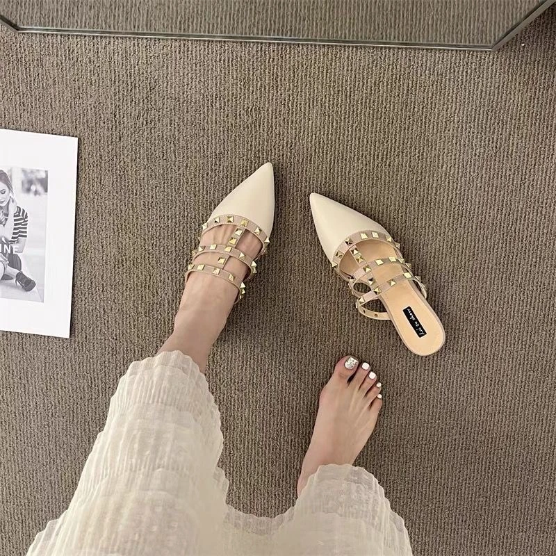 法式包头拖鞋外穿2024夏季尖头仙女低跟铆钉凉拖鞋仙女风半托