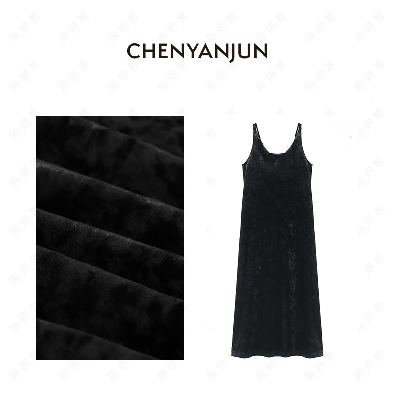 陈妍君【双肩带醋酸丝绒小V极简连衣裙】 CYJ-WWO124-W323
