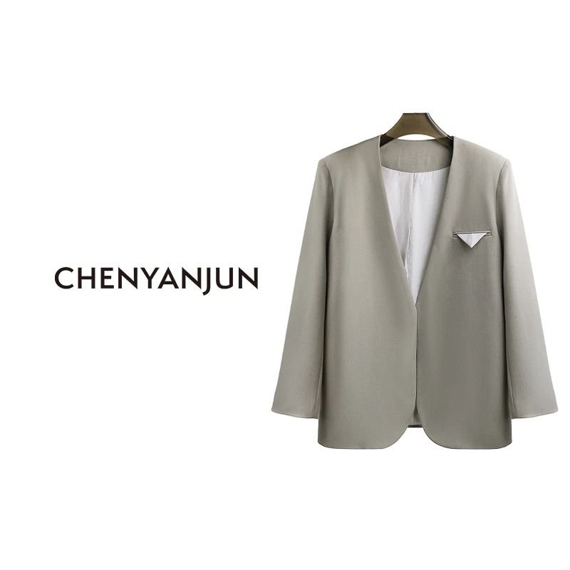 陈妍君【星河】CHENYANJUN撞色条纹宽松无领西装CYJ-YJO125-Y003